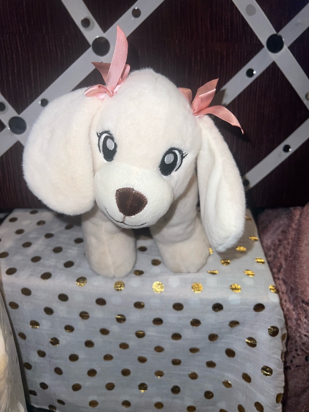 Plush Cream Toy with Pink Bows - Soft Puppy Plush